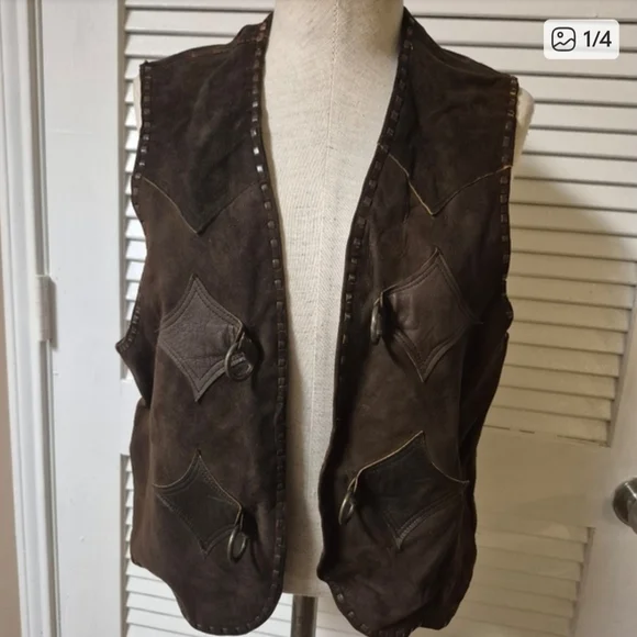 Brown Leather Vest with Toggle Closures - Picture 1 of 4